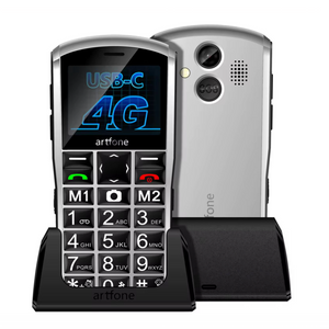 Artfone A400 telefon seniori vedere față și spate, buton SOS, cameră foto, suport încărcare