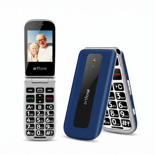 Telefon mobil Artfone F20 albastru pentru seniori cu clapetă, taste mari și buton SOS